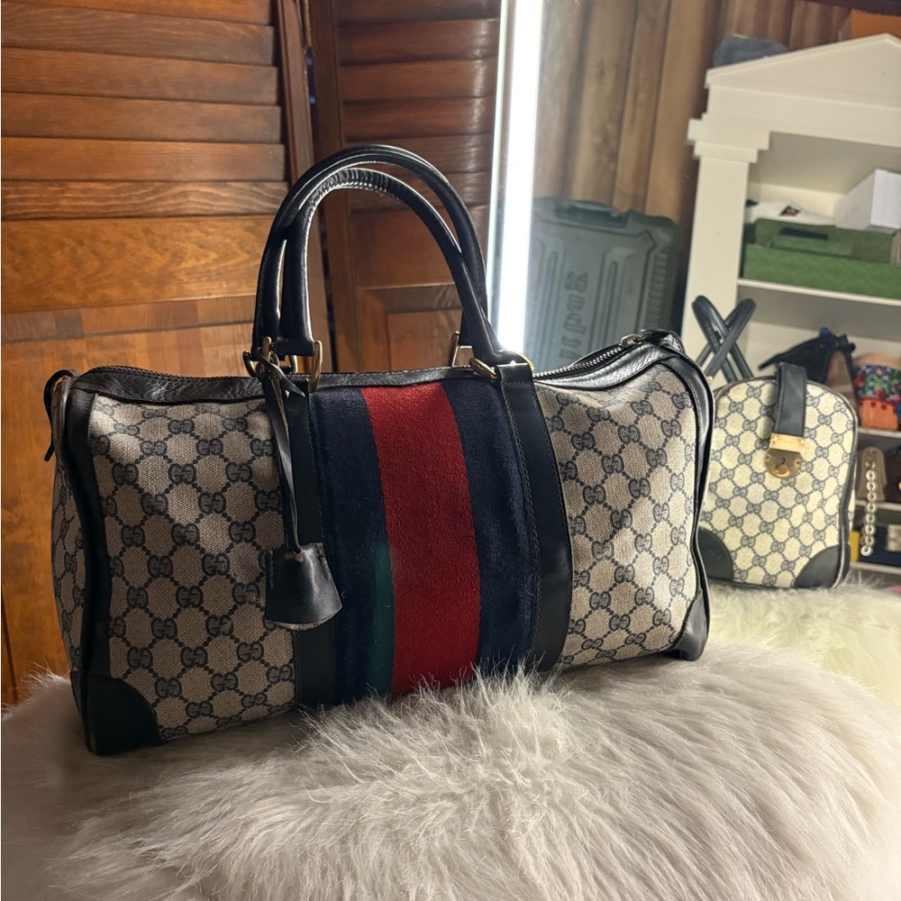 Gucci Beige Monogram Travel Bag with Navy, Red & Green Stripe